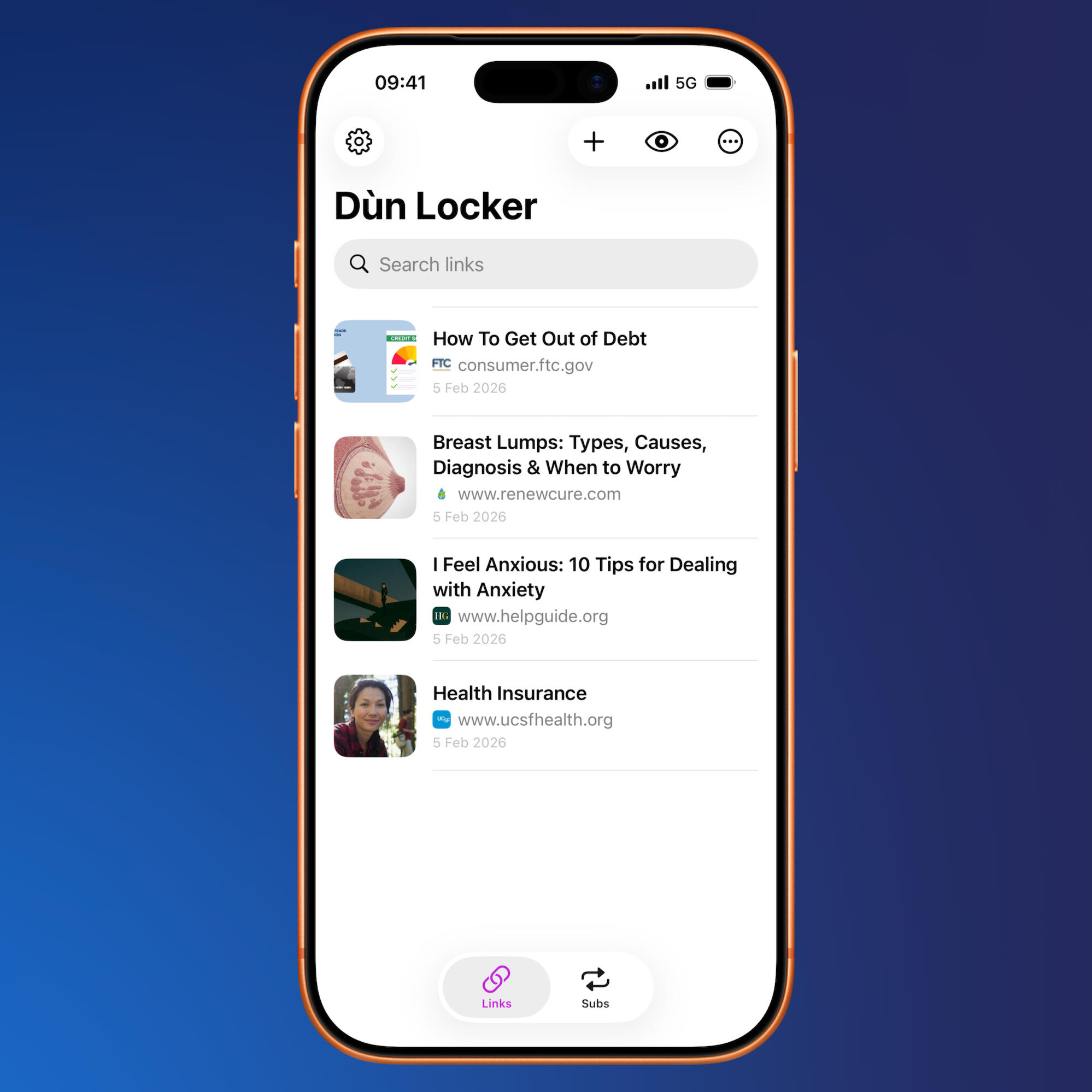 An orange iPhone floats over a blue background and its screen features the app. The app is a list of links, from how to get out of debt to health insurance themes.