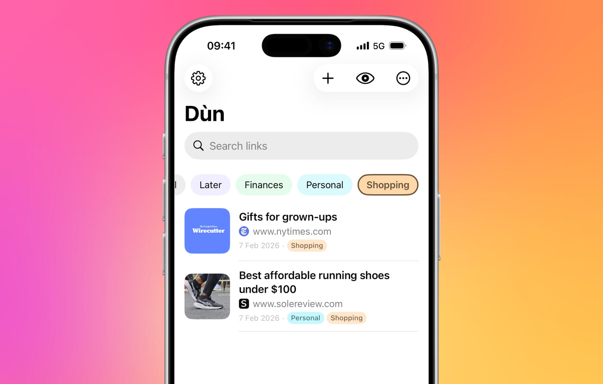 Zoomed in view of an iPhone. The same main list of links is shown but this time it's filtered by a tag that says Shopping. The same tag is attached to links below talking about gifts for grown-ups and affordable running shows.